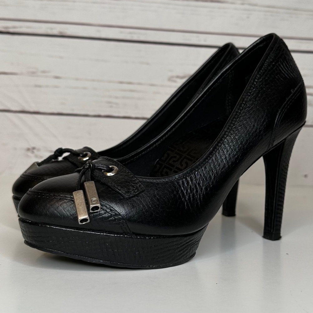 Rockport | Black Leather Round Toe Platform Metal Tassel Heels | Dark Academia